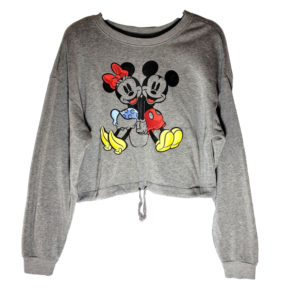 Disney Cropped Sweatshirt Women S Mickey Minnie Mouse Graphic Drawstring Gray